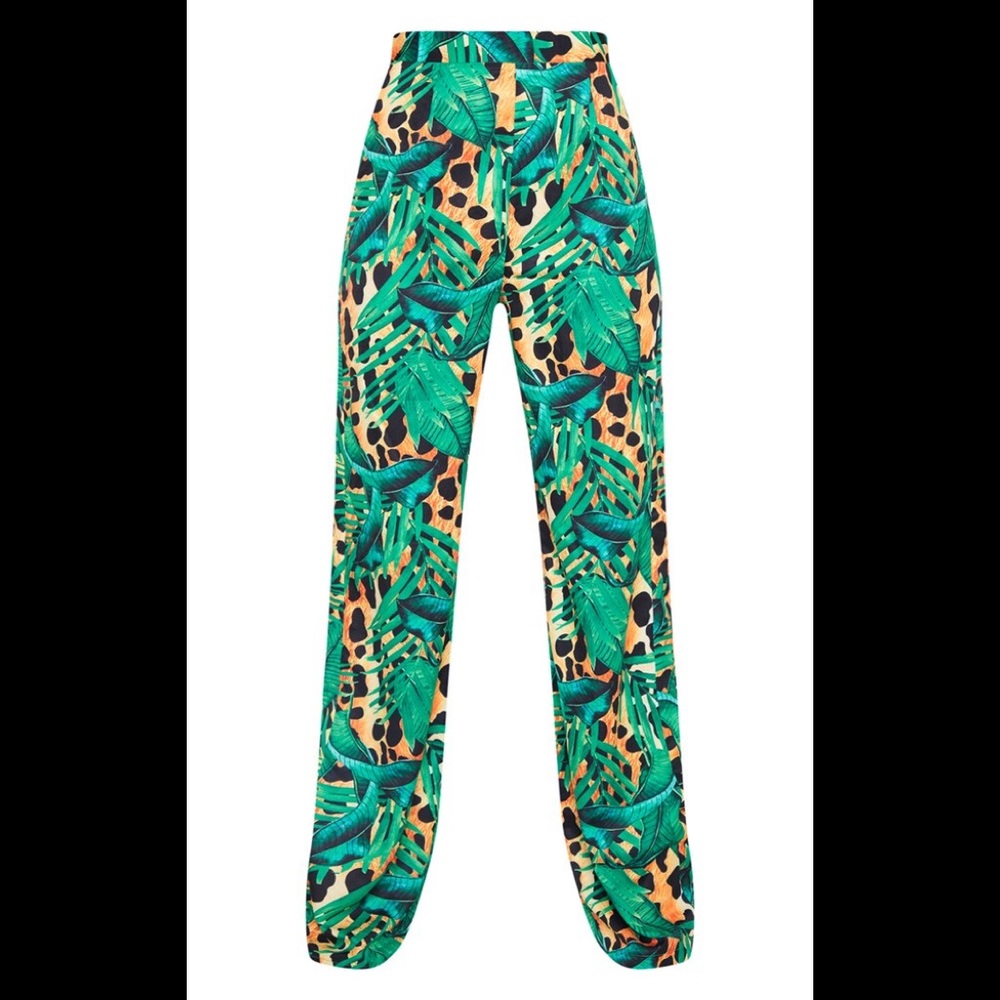 Green Tropical Print Wide Leg Pants